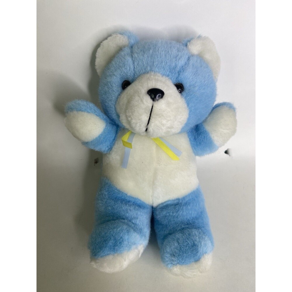 Vintage KB Bros Blue White Teddy Bear Plush Stuffed Animal Toy with Bow